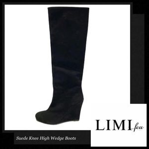 LIMI FEU Black Suede Knee High Wedge Heel Boots